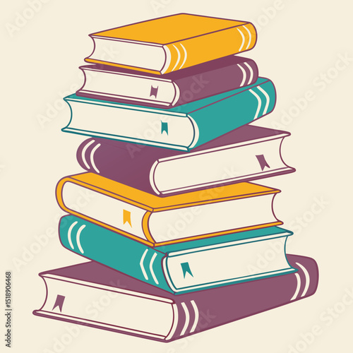 Books vector art illustration, stack, A neat, colorful stack of hardcover books arranged in a slightly leaning pile