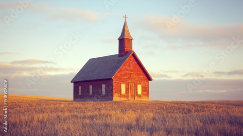 Small wooden church with steeple and cross situated in open grassy field du sunset with colorful sky and soft clouds, peaceful rural religious scenery