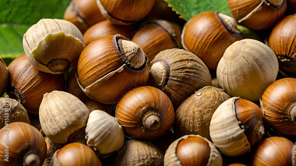 Closeup of some brown hazelnuts with shells accompanied by fresh green leaves white background Generate AI, Closeup of some brown hazelnuts with shells accompanied by fresh green leaves white background Generate AI,