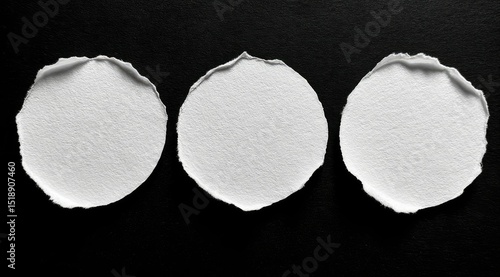 Three round, torn pieces of white paper are arranged horizontally against a solid black background, creating a simple yet visually striking image
