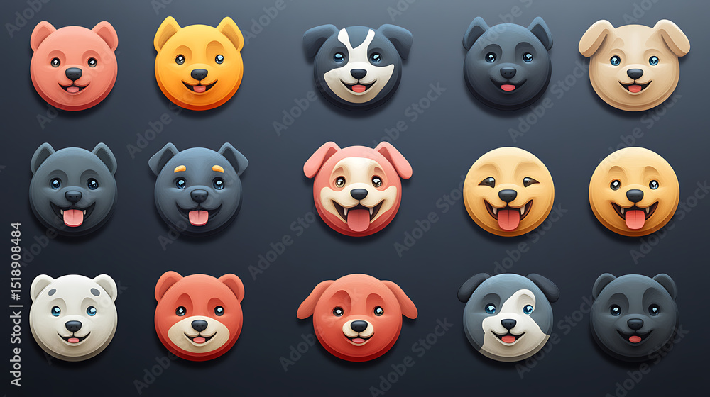 Vibrant icon pack of dog faces expressing loyalty, mischief, and boredom with a clear background Vibrant icon pack of dog faces expressing loyalty, mischief, and boredom with a clear background