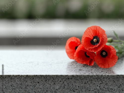 Symbolic red poppy flowers placed on a military grave, tribute to fallen heroes