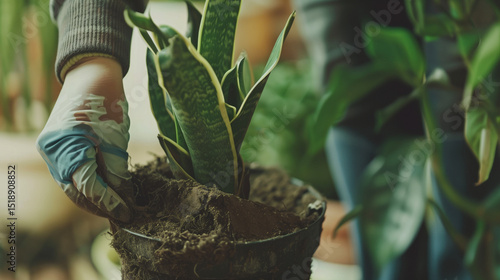 Woman transplanting potted sansevieria plant at home. Closeup .