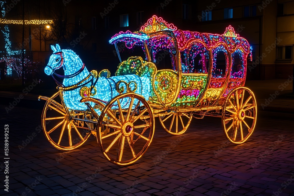 Fototapeta premium Illuminated horse and carriage light display at night in the city