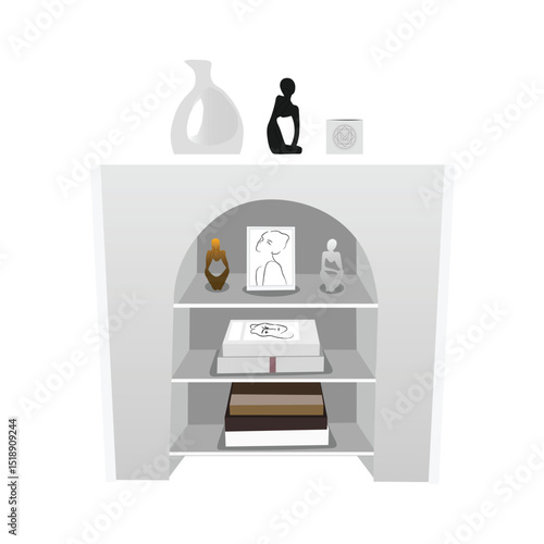 Minimalist white bookshelf with art and decor
