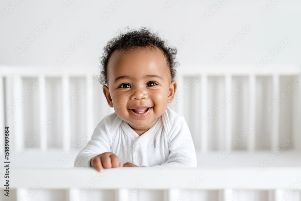 Black baby boy standing in cot. Portrait happy smile african american child. Black baby boy standing in cot. Portrait happy smile african american child.
