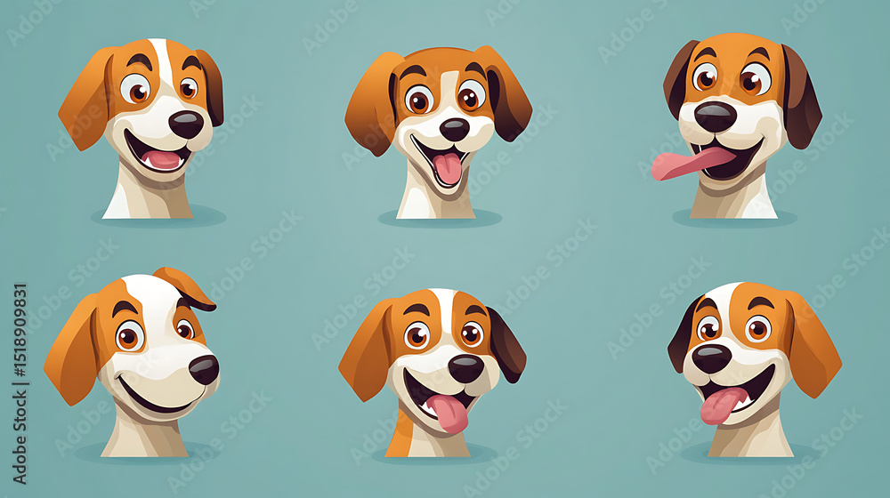 Funny and cute dog emotion icons with droopy ears, wide eyes, and wagging tongues in vector style Funny and cute dog emotion icons with droopy ears, wide eyes, and wagging tongues in vector style
