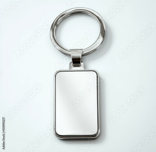 A rectangular metal keychain with a blank, white surface, hangs against a light gray background; perfect for customization