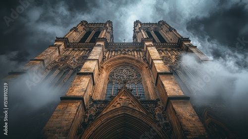 Towe Gothic Cathedral with intricate stone architecture amidst dark moody storm clouds creating a dramatic and majestic atmosphere for architectural photography