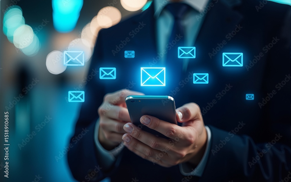 New email notification alerts concept for Digital marketing business communication through virtual inbox and internet technology as Business people use smartphone with email on a virtual screen New email notification alerts concept for Digital marketing business communication through virtual inbox and internet technology as Business people use smartphone with email on a virtual screen