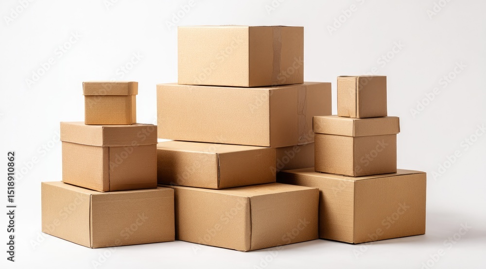 A studio shot of a haphazard stack of various-sized cardboard boxes against a bright white background A studio shot of a haphazard stack of various-sized cardboard boxes against a bright white background