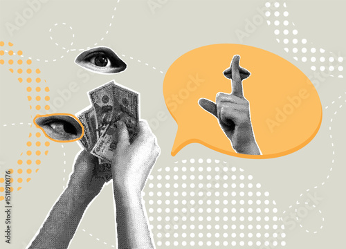 Trendy halftone collage. Money talks. The concept of investment, increasing profits, the concept of calculating savings, keeping secrets.