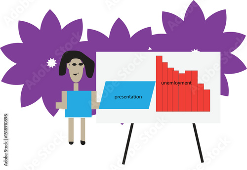 Businesswoman explaining unemployment rates using bar graph chart on board with floral elements, corporate briefing and data visualization theme

