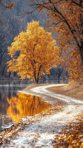 Scenic autumn landscape with vibrant yellow tree beside a winding dirt path along a calm river with reflection and dark forest background du fall season