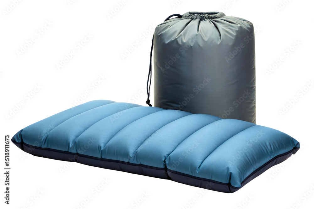 Fototapeta premium Inflatable travel cushion with compact storage sack isolated with transparent background