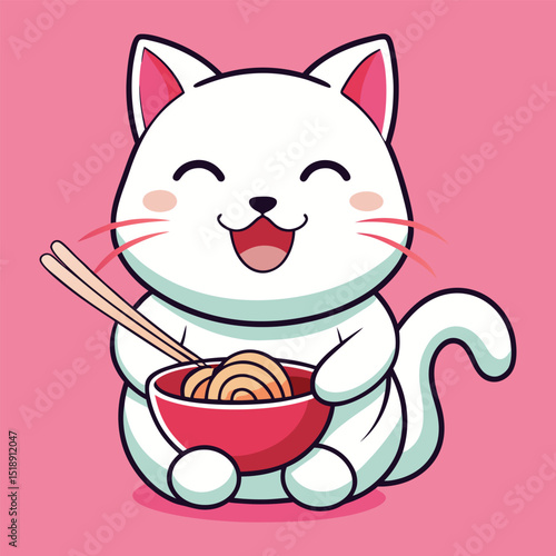 joyful cat relishing bowl of noodles