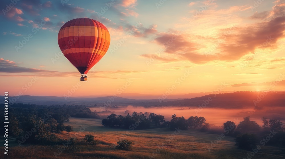 Naklejka premium Sunrise Hot Air Balloon Ride Over Misty Valley