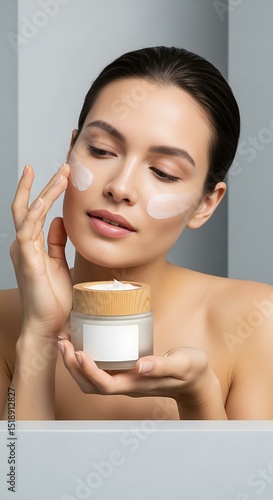 Woman applying face cream, skincare product
