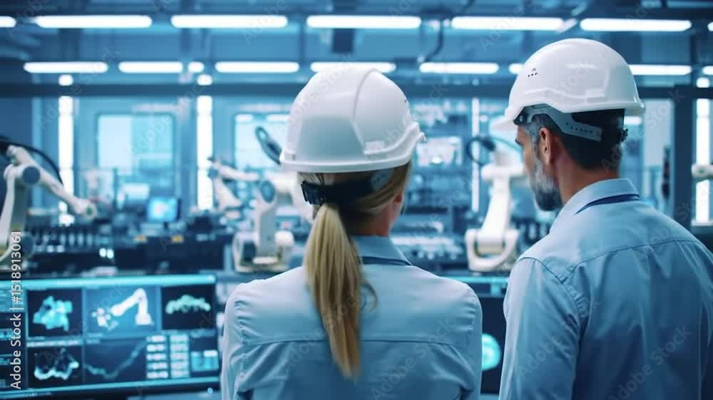 Technicians Observe Robotic Arms in Blue Lit Factory with Graphs on Screen Wearing White Hard Hats Technicians Observe Robotic Arms in Blue Lit Factory with Graphs on Screen Wearing White Hard Hats