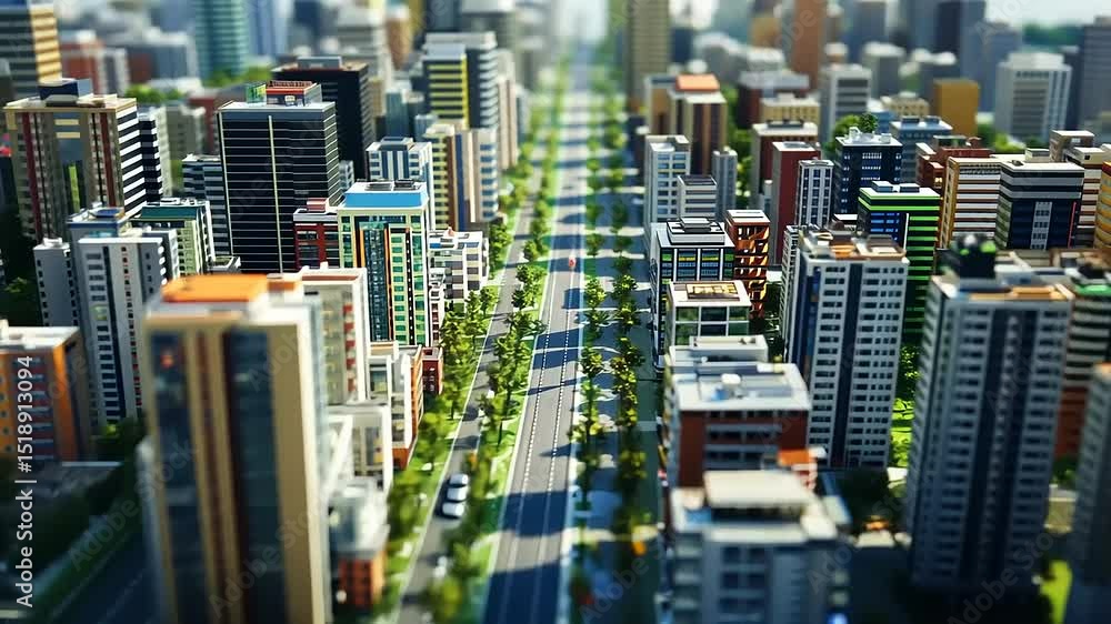 Aerial view of a vibrant cityscape with modern skyscrapers lining a bustling avenue Aerial view of a vibrant cityscape with modern skyscrapers lining a bustling avenue