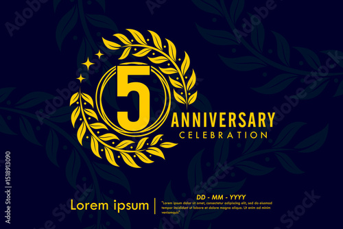 5th years anniversary celebration emblem. congratulations anniversary yellow logo with laurel wreath and stars on dark background. vector illustration template design for web