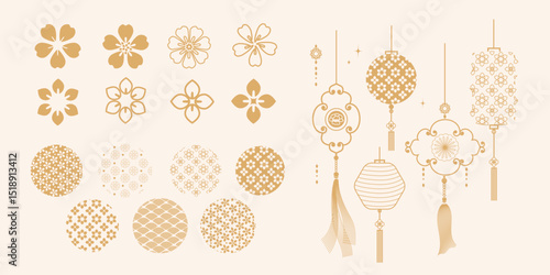 Elements Asian new year gold decorative patterns and lanterns, flowers, clouds and ornaments traditional oriental style vector set. Asian Japanese oriental elements to holiday illustration 