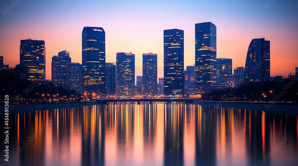 Fototapeta premium City skyline at sunset, reflected in calm water. Illuminated buildings at dusk