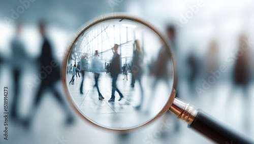 A magnifying glass focuses on blurred figures in motion within a large, bright interior space; the surrounding area is out of focus, suggesting a bustling environment