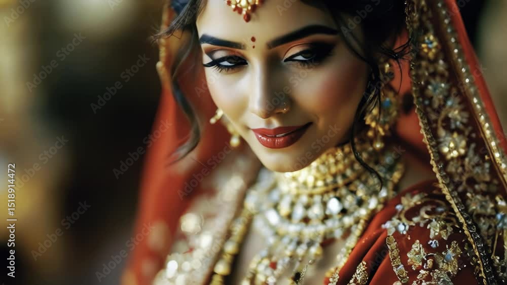 A headshot of an Indian bride in traditional red attire and jewelry. She looks directly into the camera with a confident, slightly mysterious smile. A headshot of an Indian bride in traditional red attire and jewelry. She looks directly into the camera with a confident, slightly mysterious smile.