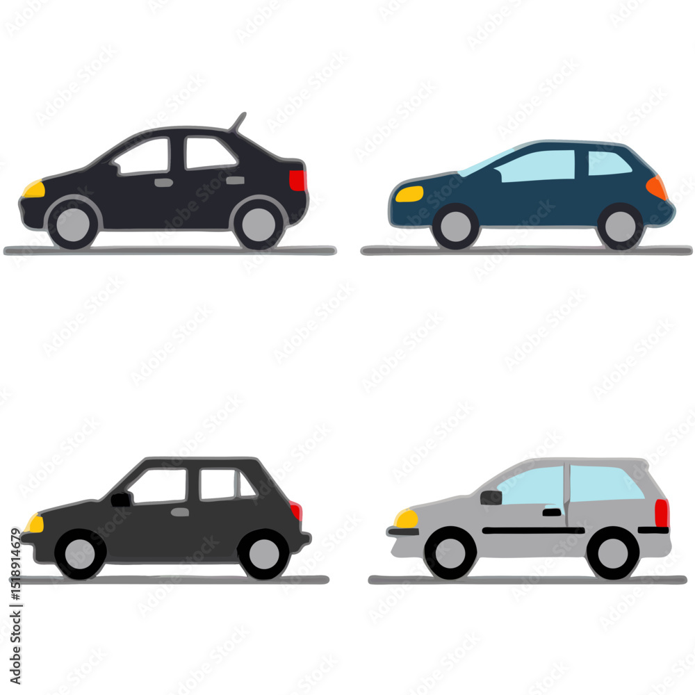 Four Simple Car Silhouettes in Various Colors Four Simple Car Silhouettes in Various Colors