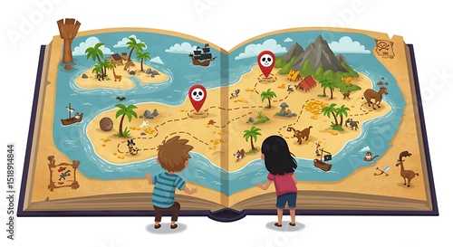 Children look at treasure map illustration