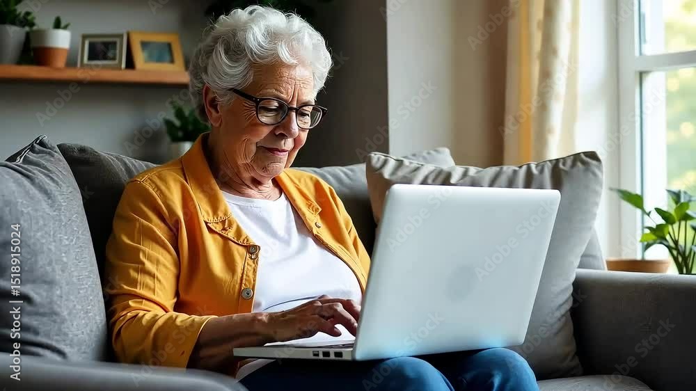 Elderly woman with glasses sitting on sofa and working online on laptop, living room decor, online education and network business concept Elderly woman with glasses sitting on sofa and working online on laptop, living room decor, online education and network business concept