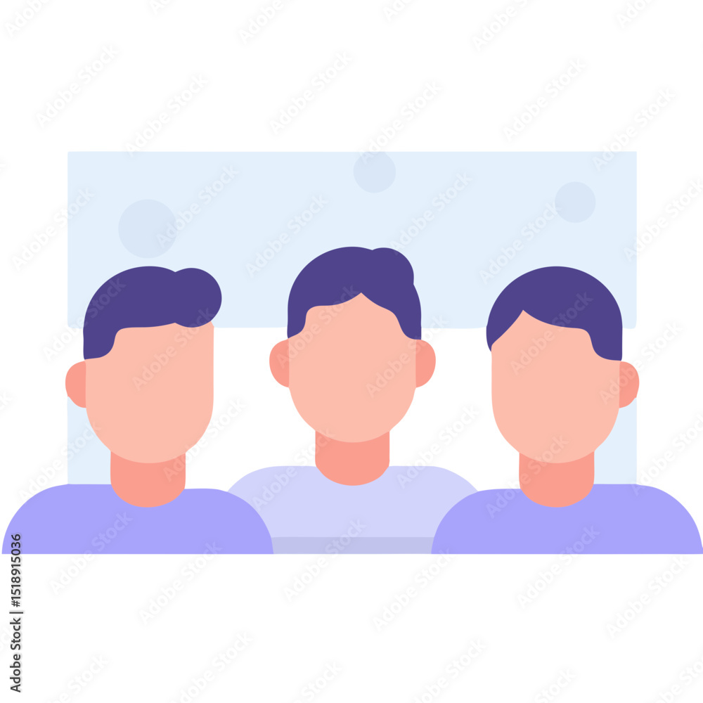 Three faceless cartoon men with purple hair and light purple shirts. Three faceless cartoon men with purple hair and light purple shirts.