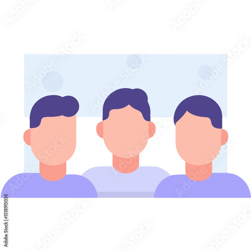 Three faceless cartoon men with purple hair and light purple shirts.