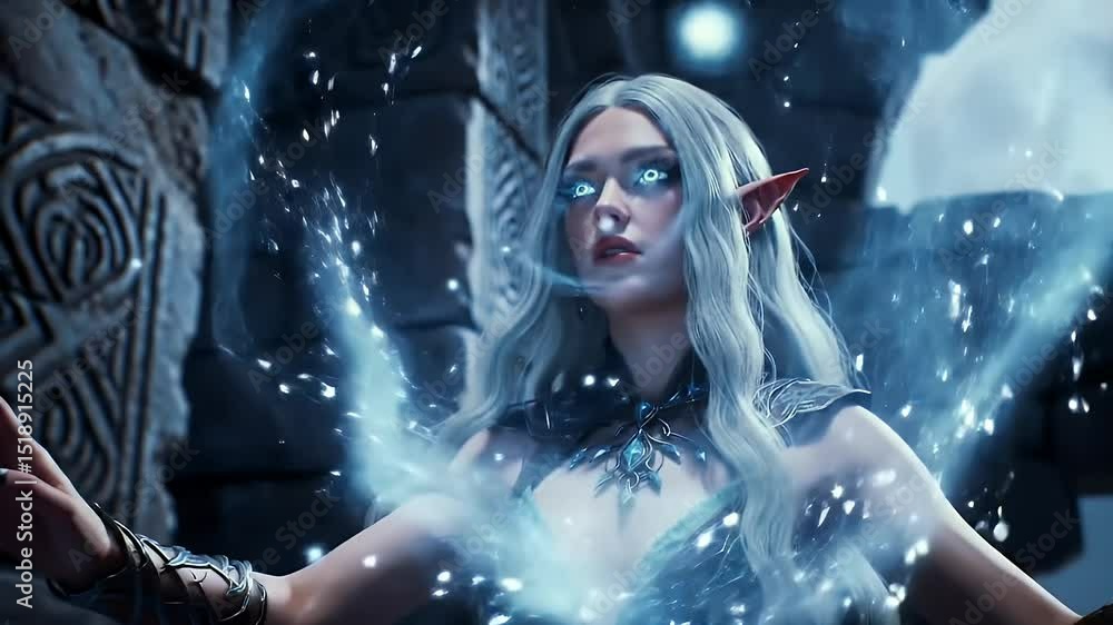 Conjuring Light Energy Woman with Elven Features in Dramatic Setting Conjuring Light Energy Woman with Elven Features in Dramatic Setting