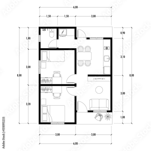 Black and White floor plan of a modern unfurnished house for your design. Suburban house vector blueprint. Architectural background.	