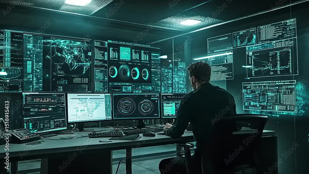 A focused professional analyzing complex data on multiple screens in a high-tech control room environment A focused professional analyzing complex data on multiple screens in a high-tech control room environment