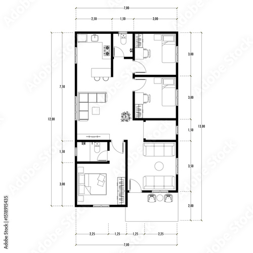 Black and White floor plan of a modern unfurnished house for your design. Suburban house vector blueprint. Architectural background.	