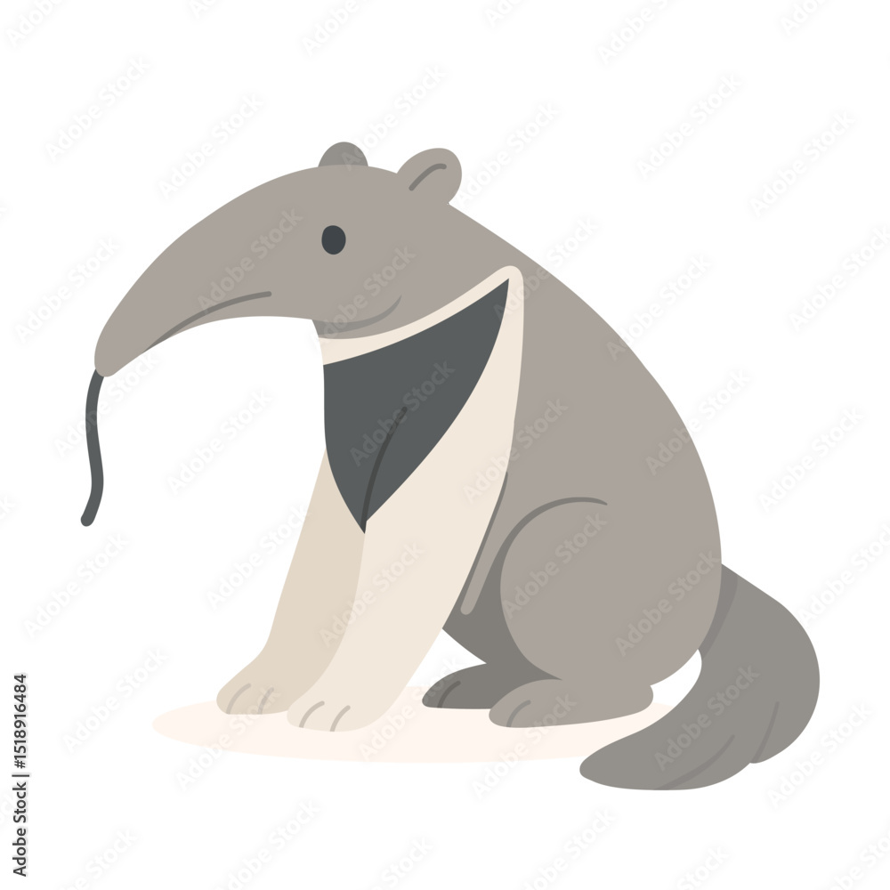 Obraz premium Funny cartoon anteater with long nose and extended tongue, anteater sitting calmly with neutral colors, great for rainforest projects, educational content, or animal stories.