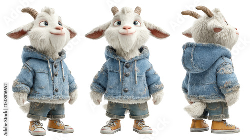 Cute cartoon goat character wearing denim jacket and sneakers with a friendly expression