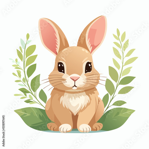 Adorable Bunny Rabbit Illustration with Spring Leaves