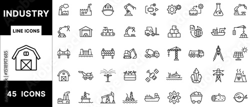 Industrial Line Icon Set Featuring Factories, Engineering Tools, Construction Vehicles, Warehouses, Robotics, Cranes, Mining, Solar Panels, and Logistics