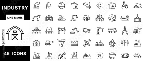 Industrial Line Icon Set Featuring Factories, Engineering Tools, Construction Vehicles, Warehouses, Robotics, Cranes, Mining, Solar Panels, and Logistics