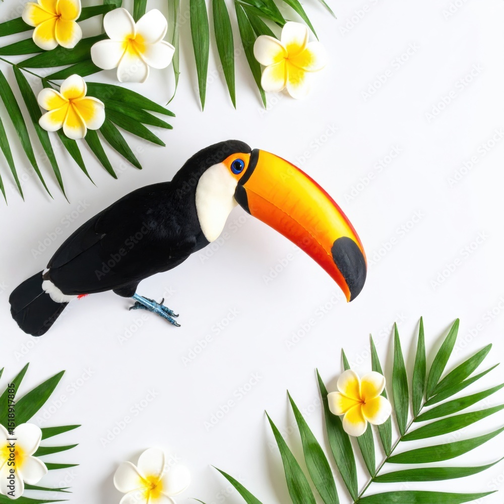 Obraz premium A vibrant toucan figurine surrounded by fresh tropical plumeria blossoms and lush green palm fronds against a clean white background creates a summer island vibe.
