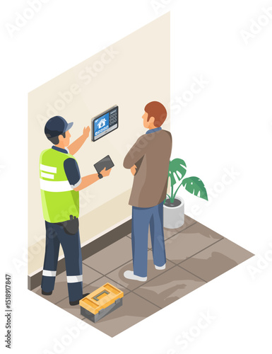Smart home system maintenance technician explaining security control panel interface to homeowner inside modern interior space