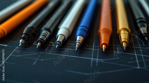 Close-up of Colorful Pens on Blueprint