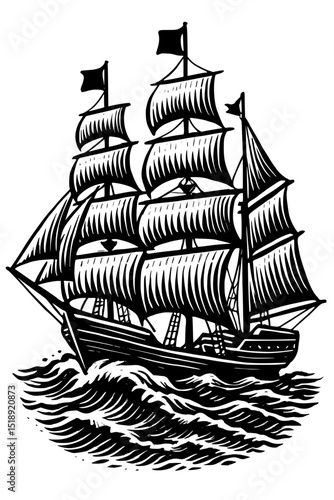 A  vector illustration of a vintage barquentine sailing ship with multiple masts and sails, navigating through stylized waves.