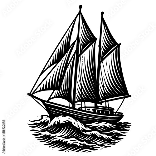 A black and white vector illustration of a vintage Schooner sailing ship with multiple masts and sails, navigating through stylized waves. 