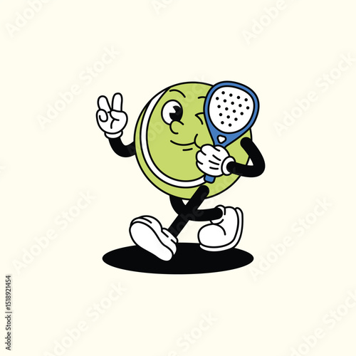 Cheerful Padel Paddle Tennis Ball character holding a blue Padel racket. Padel Paddle Ball Retro vintage mascot character with gloved hand and foot, rubber hose cartoon style.