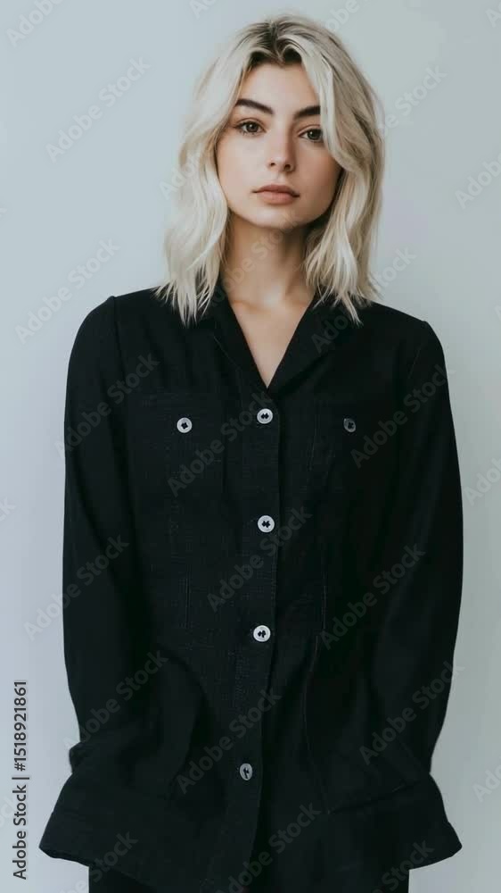 Stylish Blonde Woman in Black Utility Jacket - Fashion Portrait Stylish Blonde Woman in Black Utility Jacket - Fashion Portrait